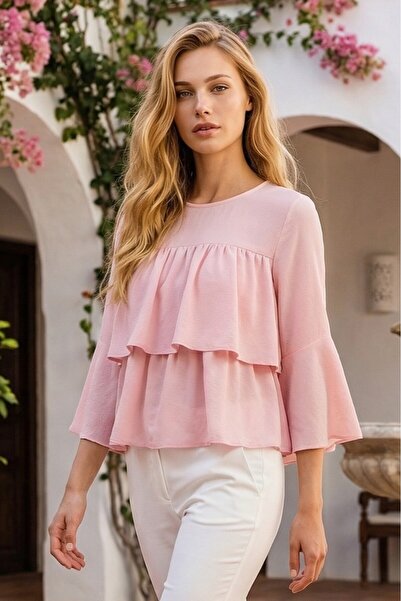 OLSAMODA Bluză de damă cu mâneci trei sferturi, stratificată în față, din mat...