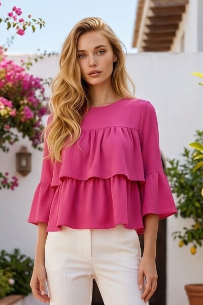 OLSAMODA Bluză de damă cu mâneci trei sferturi, stratificată în față, din mat...