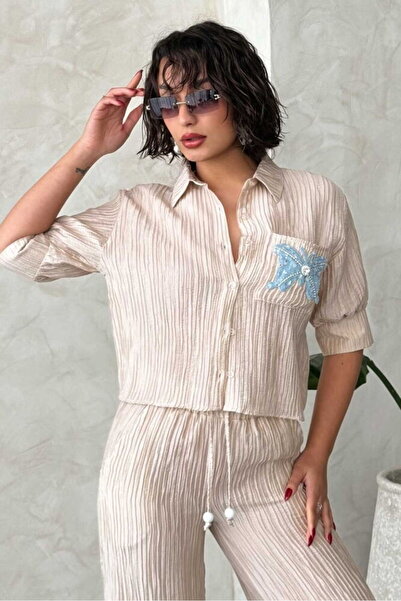 VERYMODA Cămașă cu pliuri și detalii fluture - Stone |   D2782