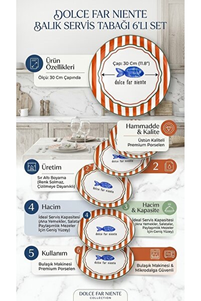 The Mia Fish Seramik Servis Tabağı 30 cm 6 lı Set