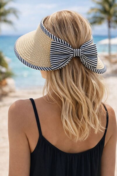 HAZAL KAYA ATELIER Black Striped Ribbon Detailed Adjustable Visor Straw Women...