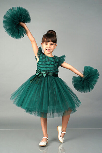 Delfini kids Pompom Sleeves Tulle Piece Party and Birthday Evening Dress