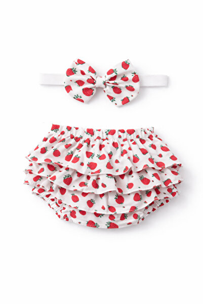 ues Kız Bebek Kırmızı Çilek Desenli Fırfırlı Şort & Bandana Takım