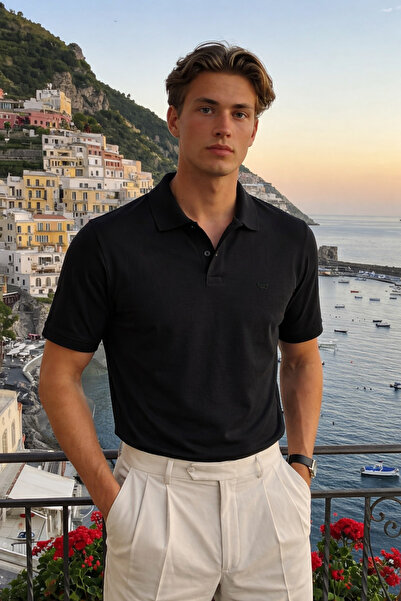 DAMGA JEANS Ανδρικό μπλουζάκι Basic 100% Βαμβάκι μαύρο με λαιμόκοψη πόλο