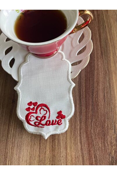 Diva Home 6 قطع مناديل تقديم القهوة بتطريز أحمر الحب مقاس 7 × 12 سم