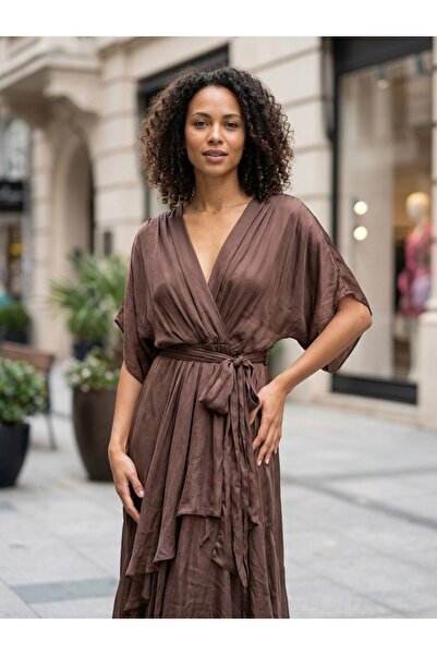 Rabiossa Women's Ruffle Detail Long Silk Dress