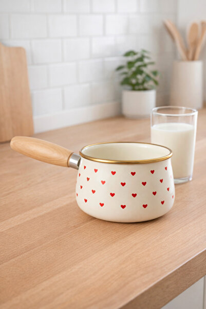 MİS KİTCHEN Red Heart Enamel Milk Pot Sauce Pot Wooden Strappy Small Enamel C...