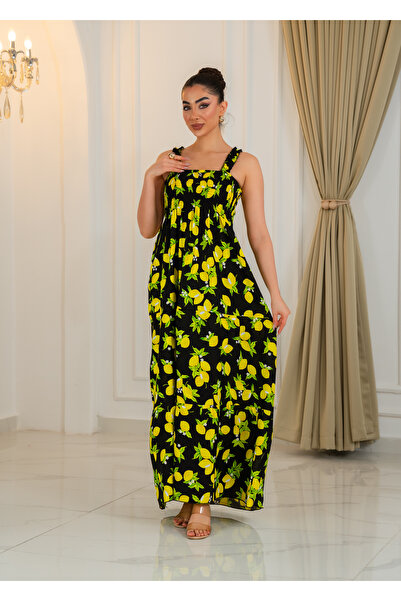 Fibula Lemon Pattern Gipeli Standard Size Strap Cruched Floor Length Dress Av...