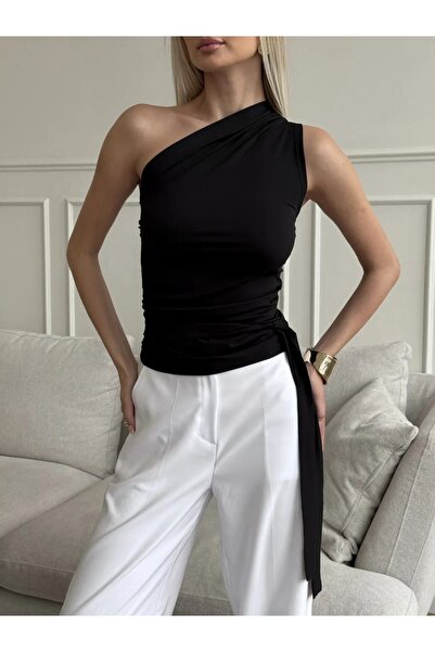 JE-TU Bluză cu un singur umăr elastic cu încrețituri cu curea