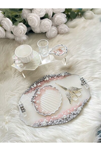 RESİNARTSHOP Epoksi Tepsi Toz Pembe Taşlı Nişan+Damat tepsi seti küçük boy