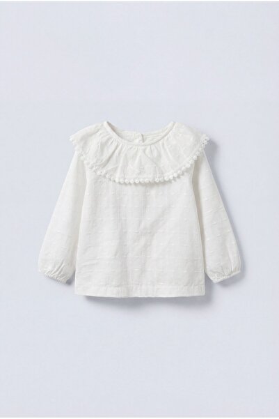 Magu Girl's Cotton Pack Ecru Ruffle Collar Textured Blouse - Long Sleeve Eleg...