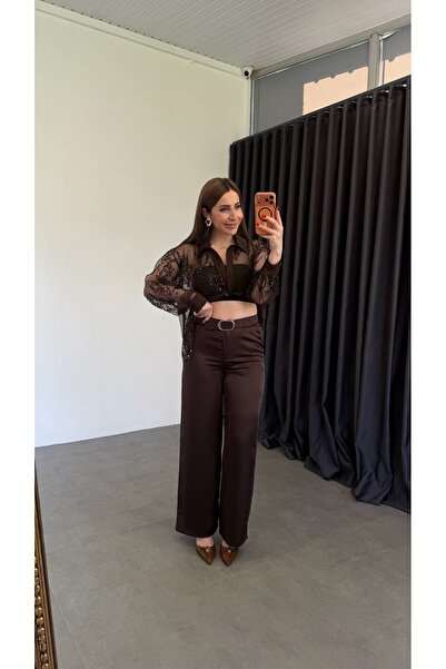 elif teke Saten Kemerli Pantolon Acı Kahve