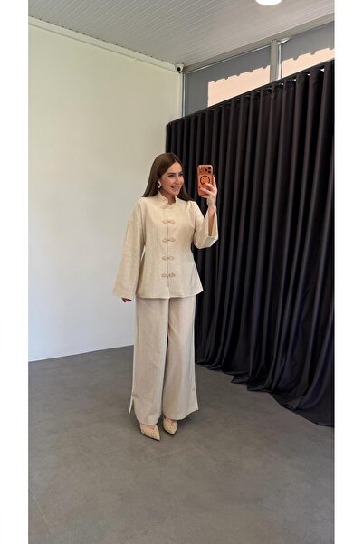 elif teke كتان منسوج بدلة بأزرار مطرزة باللون البيج