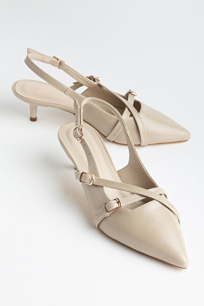 LEVONYA Pera Women's Beige Belt Detail Open Back Heeled Shoes