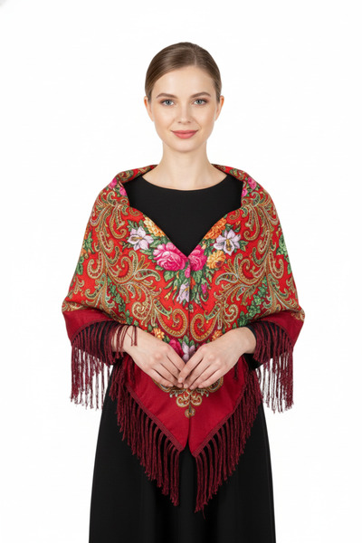 Bidani شال روسي مزهر باللون القرمزي الملكي