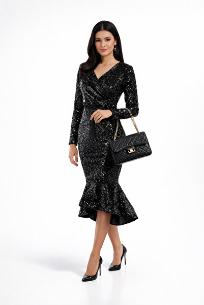 Abad Elegant Turkish midi dress in black, decorated with soft sequins, with a...