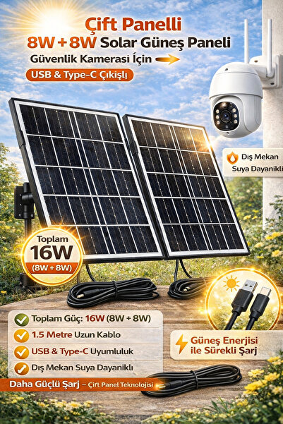 TRCharger 8W+8W ÇİFT Solar Güneş Paneli Güvenlik Kamerası İçin USB & Type-C Ç...