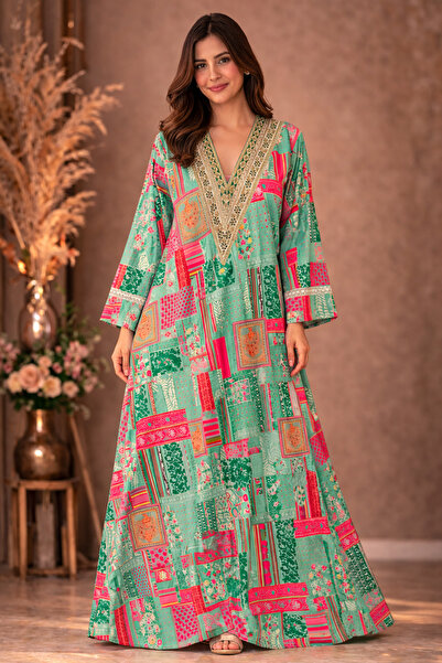 Mabrook Jalabiya 100% قطن - جلابية نسائية طويلة مرقَّع قَصّة على شكل A مطرّز ...