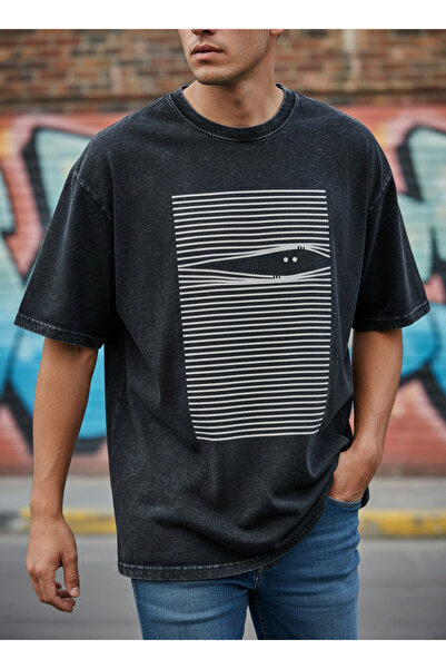 LAND MODA Ανδρικό 100% Βαμβάκι Washed oversized Μαύρο T-Shirt Γεωμετρικό Ριγέ...