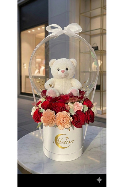 No Brade Dream & Rose Tasarım Balonlu Peluş Ayıcık ve Gül Buketi - Özel Hediy...
