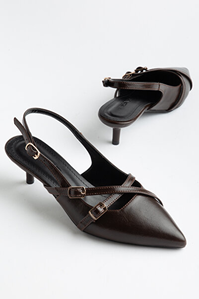 LEVONYA Pera Women's Brown Belt Detail Open Back Heeled Shoes