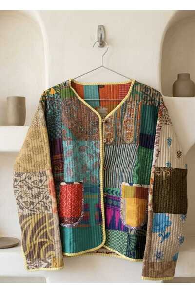 Yoncha Patchwork Pamuk Kadın Ceket – Çok Renkli Kapitone Bohem Mevsimlik Ceket