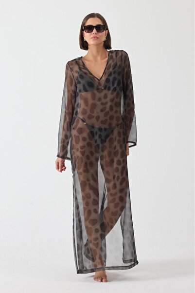 ZALİV Leopar Desenli Uzun Transparan Kimono Elbise