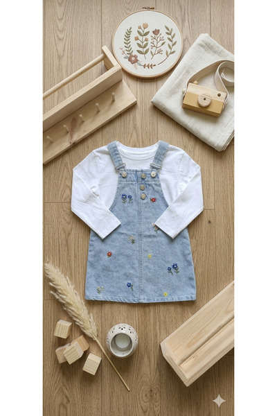 Pontipay Kız Çocuk Kot Jile Body Çiçek İşlemeli