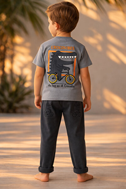 Zekalya Boy's Crocovibes Printed 100% Cotton T-Shirt and Pants Set - Gray