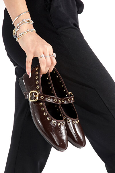 LUVETTO Cască de protecție din piele lacuită maro, cu vârf rotund nituri, ort...