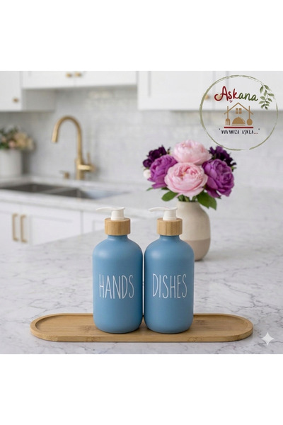 Aşkana 2'li Cam Deterjanlık-Sıvı Sabunluk Seti,2x500 ml,Bambu Standlı,Mutfak,...