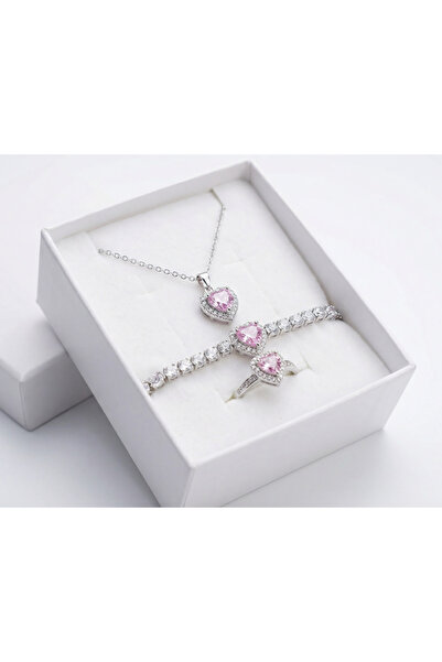 Gleemy accesories Pembe Kalp Taşlı Zirkon Kadın Takı Seti Kolye Bileklik Yüzü...