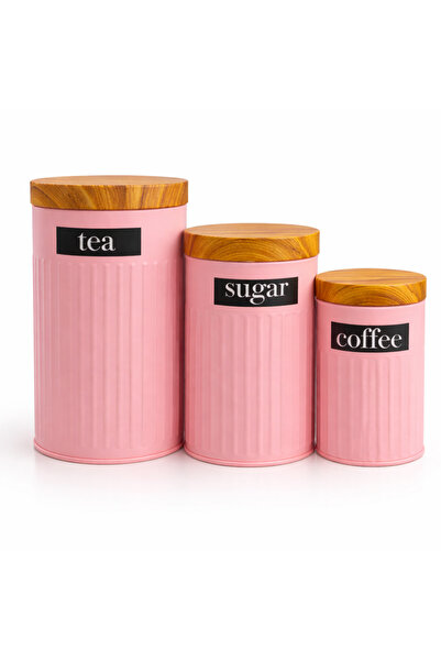 KMS 3 Parça Saklama Kavanoz Seti,Bambu Kapaklı Erzak Kabı,Metal Çay Kahve Şek...