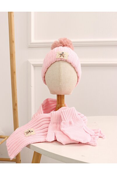MiniKids Set 3 piese, Caciulita, Fular, Manusi roz