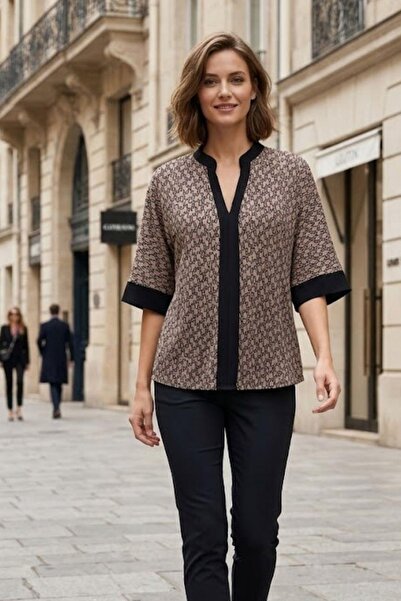 Mossta V-izrez Sa deznom Široka bluza od peska - Sa deznom