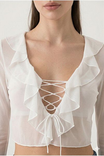 ONLİO GİYİM Women's White Tulle Detail Plunging Neckline Cropped Blouse Spani...