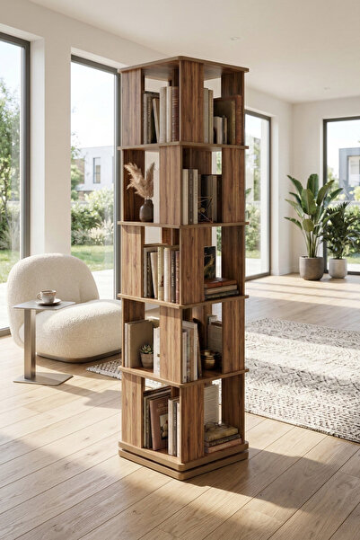 ihtiyacal Döner Kitaplık 5 Katlı, 360° Dönen Dekoratif Kitaplık, Dönebilen Ço...