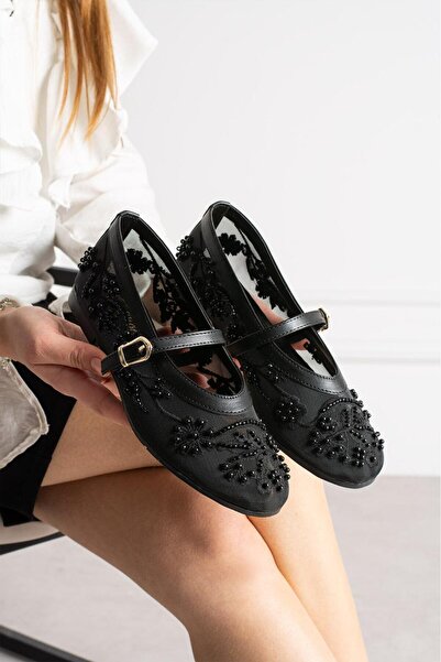 Madame Mimoza File Boncuk İnci Nakış İşleme Detaylı Yuvarlak Burun Lüks Kayma...