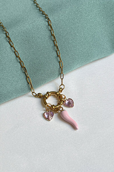 Berilya Aksesuar Love & Luck Steel Sailor Clasp Necklace with Pepper and Hear...