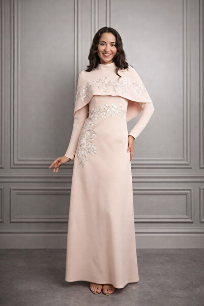 Nulivez Elegant Lace Embroidered Evening Dress with Cape Detail