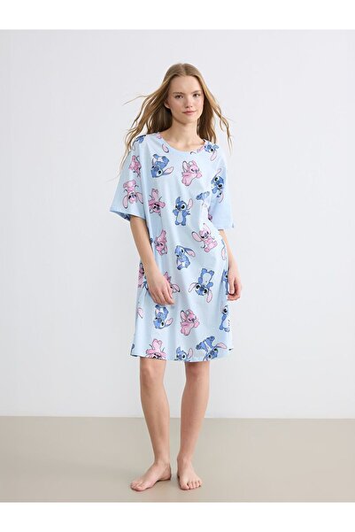 LC Waikiki Lcw Young Blue Crew Neck Stitch and Angel Printed Women's Nightgown