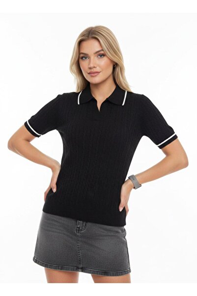 fuşyha butik Polo Collar Short Sleeve Patterned Fine Knit Sweater