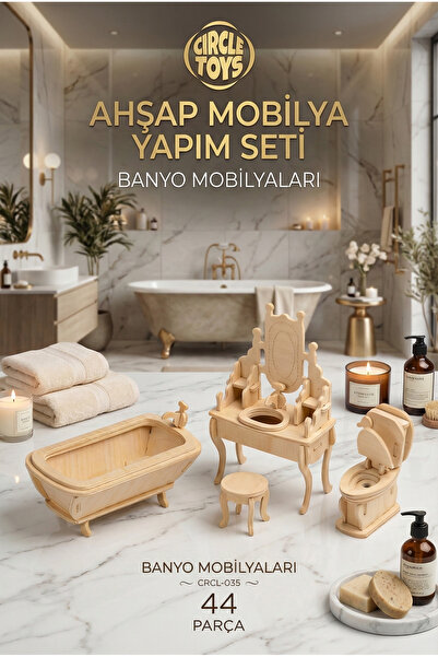 Circle Toys Ahşap Banyo Mobilya Maketi – 44 Parça DIY Montaj Oyuncak Seti
