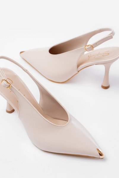 simplicity Slingback din piele lacuită bej cu detalii aurii pantofi cu toc - Pantofi de seară cu toc tip calice