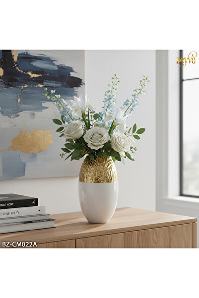 Hinora Porcelain Looking Gold White Glass Vase 28X15Cm