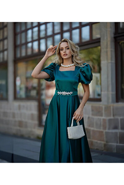 MetuCA Women's Emerald Green Square Collar Watermelon Sleeve Stoned Belt Piec...