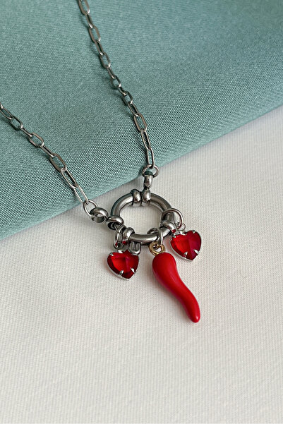 Berilya Aksesuar Love & Luck Steel Sailor Clasp Necklace with Pepper and Hear...