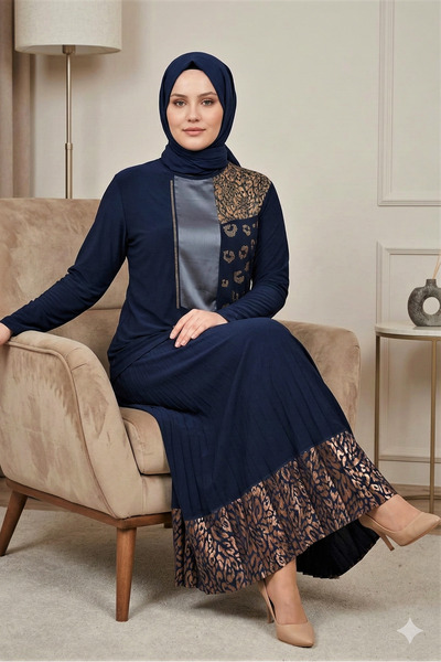 MR.MODAMİRA Kadın Sandy Lacivert Taş ve Baskı Detaylı Piliseli Tarz Davet Gen...