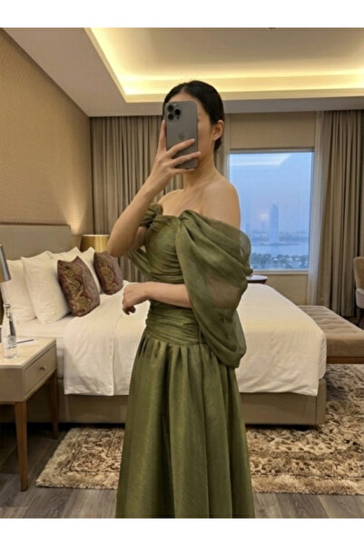 BROOKLYN STYLE فستان العيد درابيه "أوف شولدر" بقصة كلوش واسعة - إطلالة راقية.