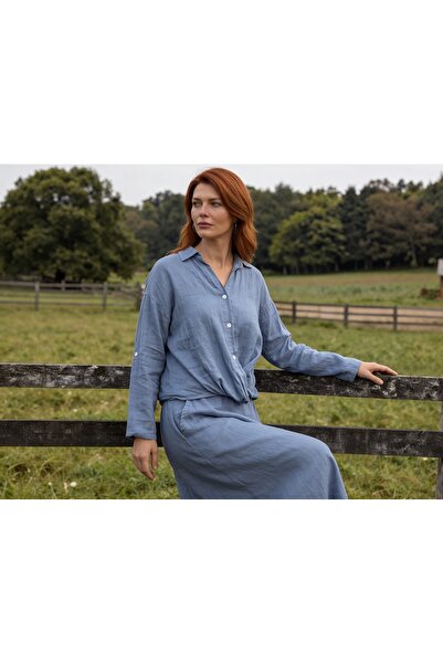 DenizEge Önden Tie-Detail Italian K Linen Shirt Blue